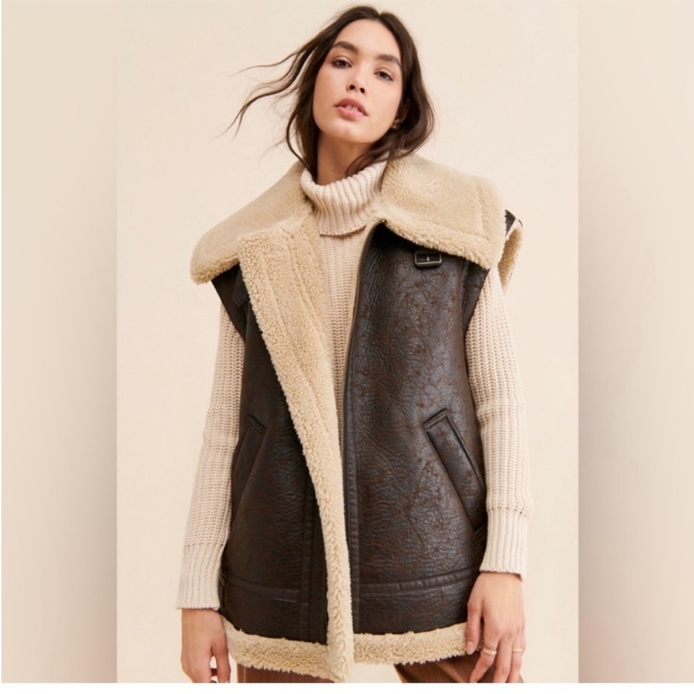 We The Free Brown Faux Leather Shearling Vest with Cream Trim